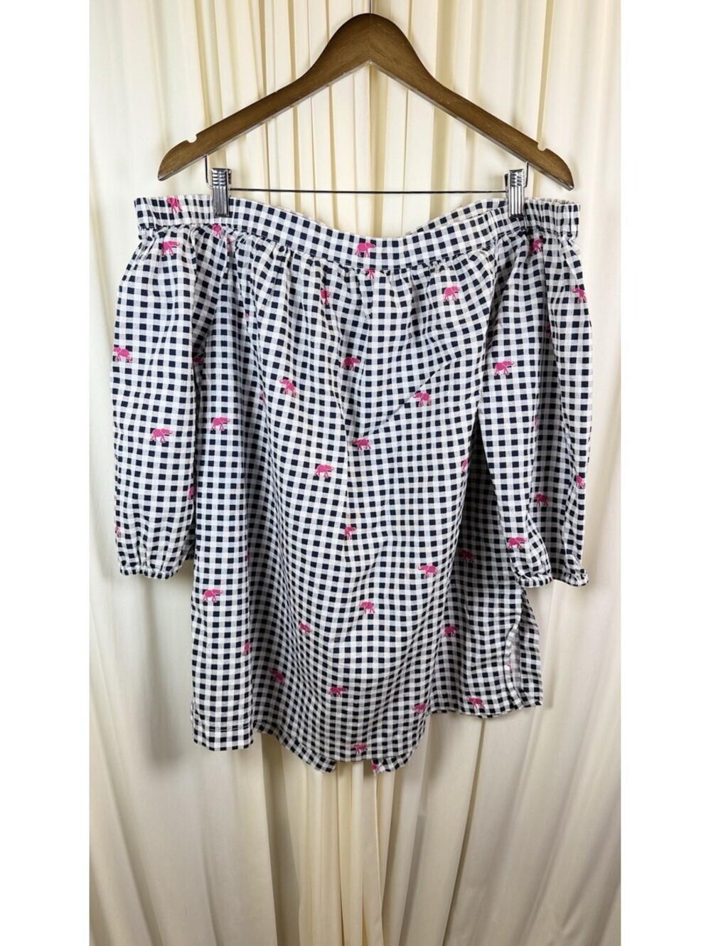 Crown & Ivy Gingham Off Shoulder Top Womens Plus 1X Pink Elephant Blue White